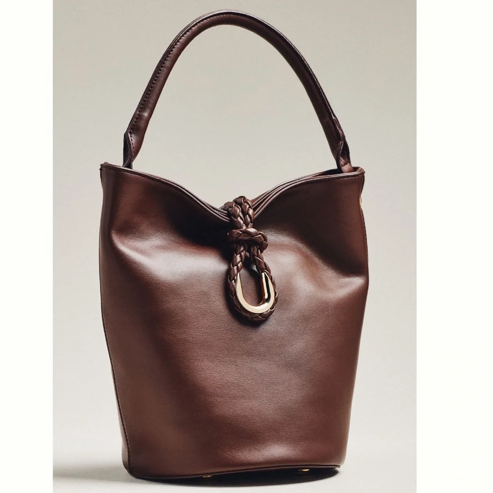 NWT Anthropologie / Aota Twist Tie Top-Handle Bucket Bag Chocolate Brown Woven